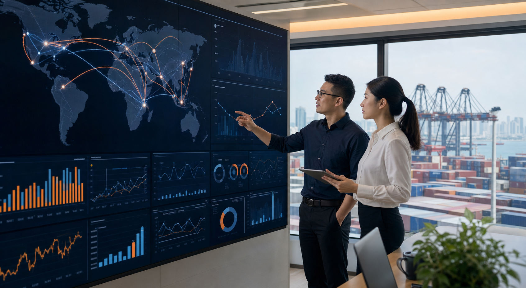 Supply chain professionals monitoring global freight data