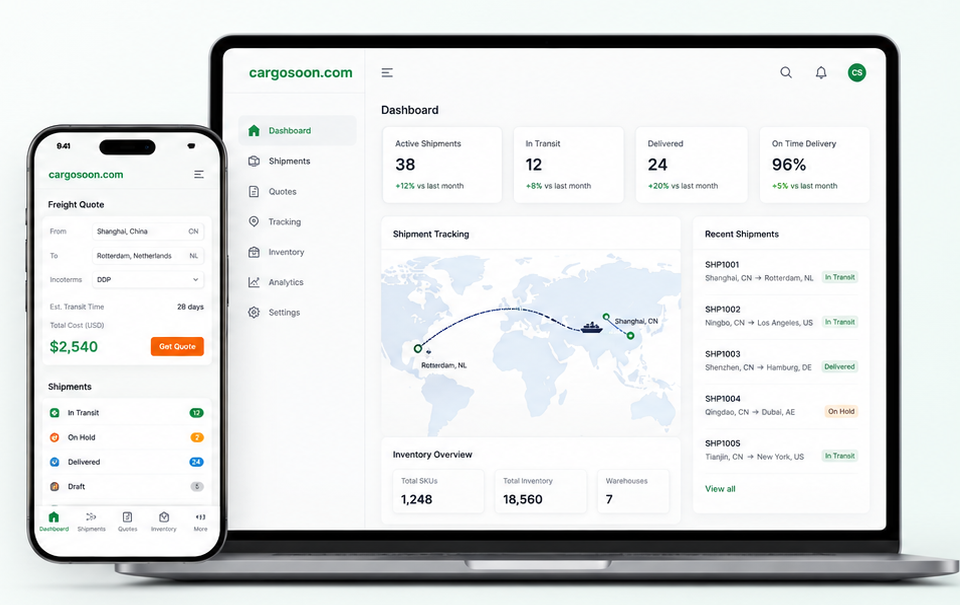 High-resolution cargosoon.com logistics dashboard on desktop and mobile