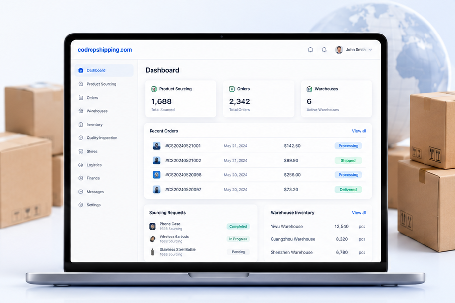 High-resolution codropshipping.com sourcing dashboard on a laptop