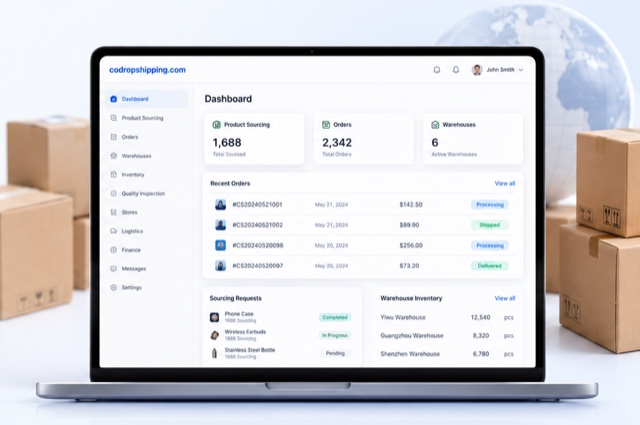 High-resolution codropshipping.com sourcing dashboard on a laptop