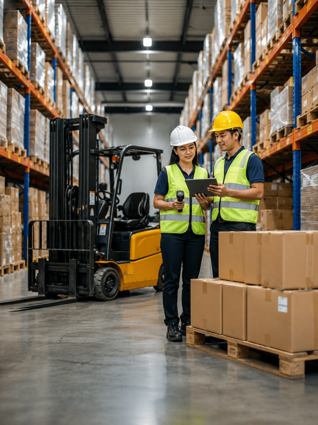 Warehouse team checking inventory beside a forklift